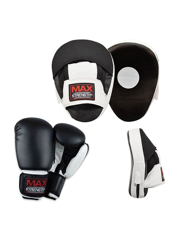 Maxstrength 16-oz Boxing Gloves & Focus Pad Set for MMA, Muay Thai, Martial Arts Training, Black/White