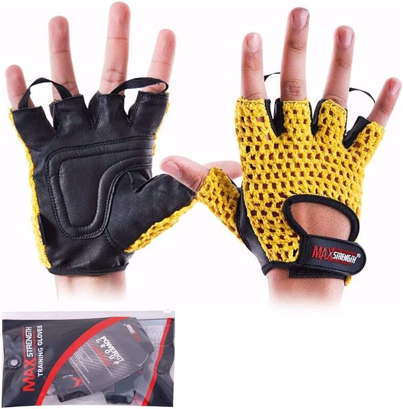 

MaxStrength Genuine Leather Meshback Weight Lifting Gloves, L-XL, Black/Yellow