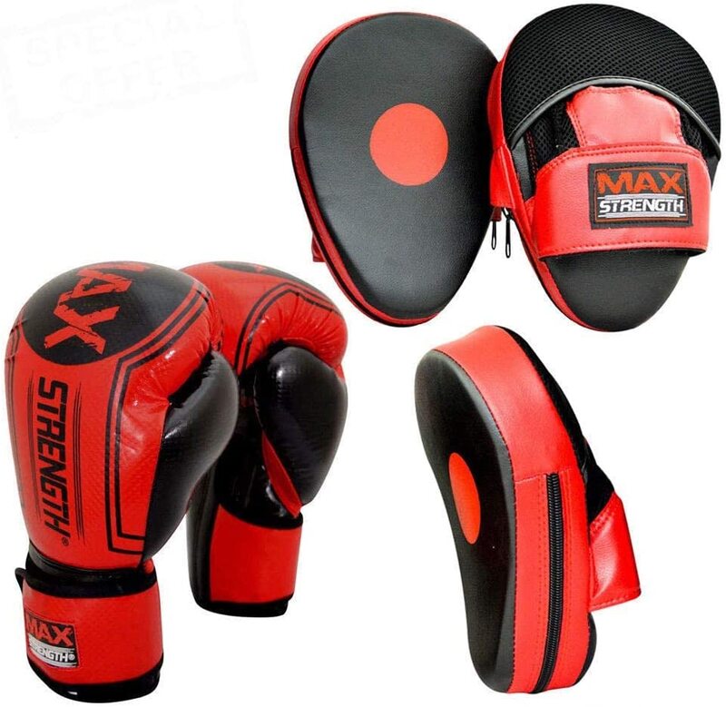 

MaxStrength 4oz Kick Boxing Gloves & Focus Pad Set for Muay Thai, Kickboxing, Martial Arts, Karate, MMA Training, Red/Black