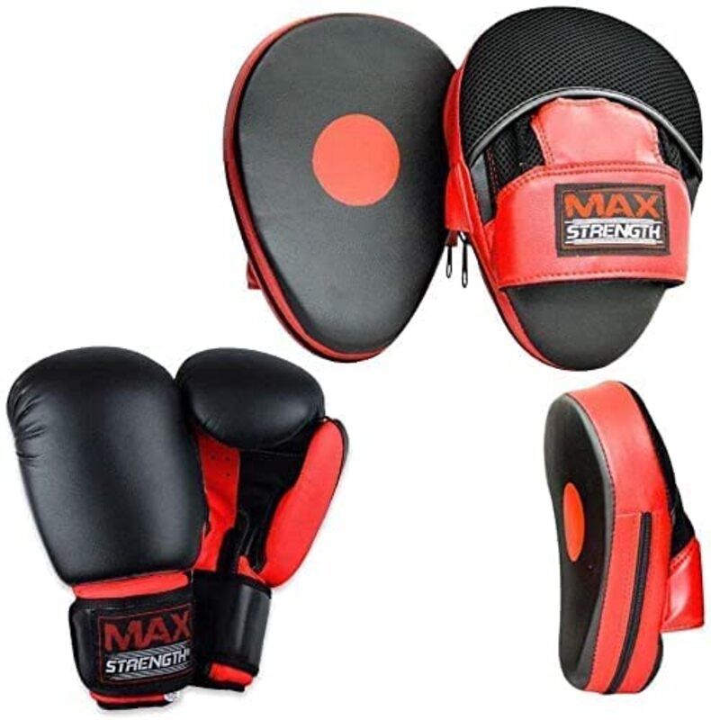 

MaxStrength 16oz Boxing Focus Pad Set Hook and Jab Punch Training Sparring Boxing Gloves, Black/Red