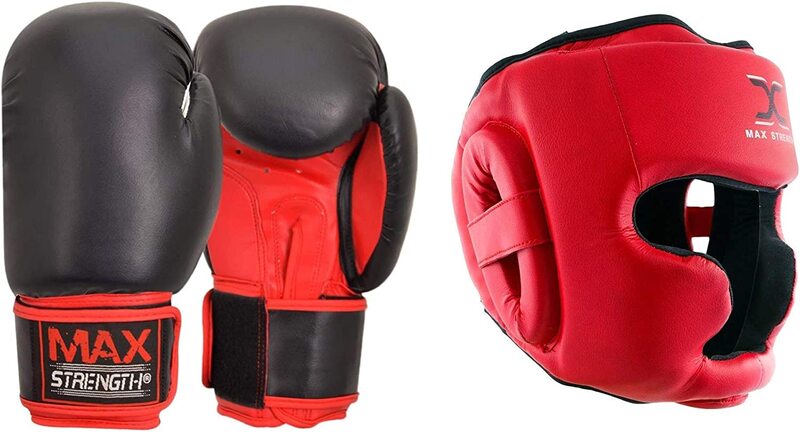 

MaxStrength 14oz Boxing Gloves Plus Boxing Headguard Large Set, Red/Black