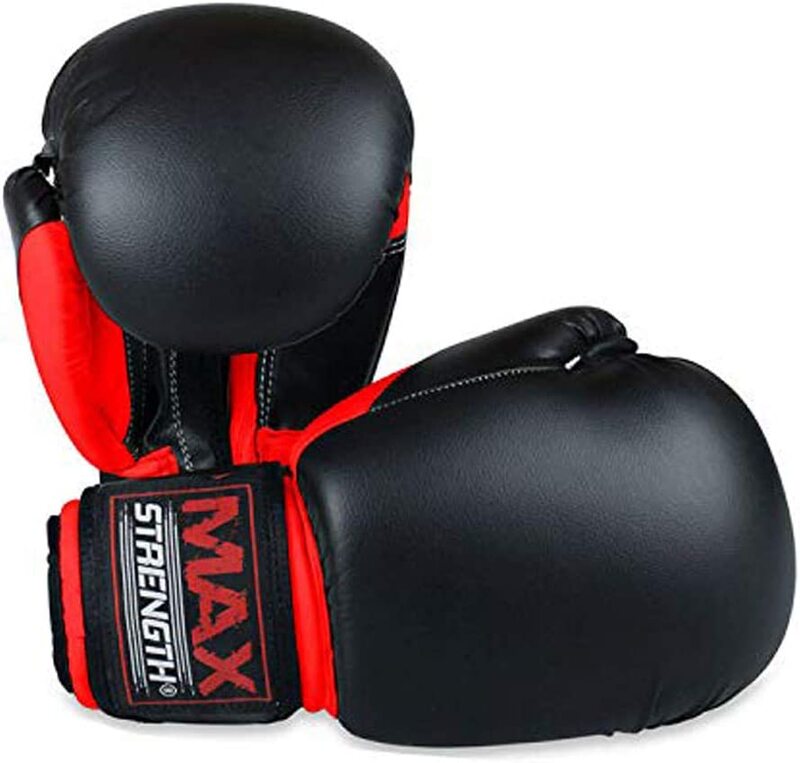 

MaxStrength 8oz Boxing Gloves MMA Mitts for Sparring, Kickboxing, Heavy Punch Bag Grappling Dummy Double End Speed Ball, Red/Black