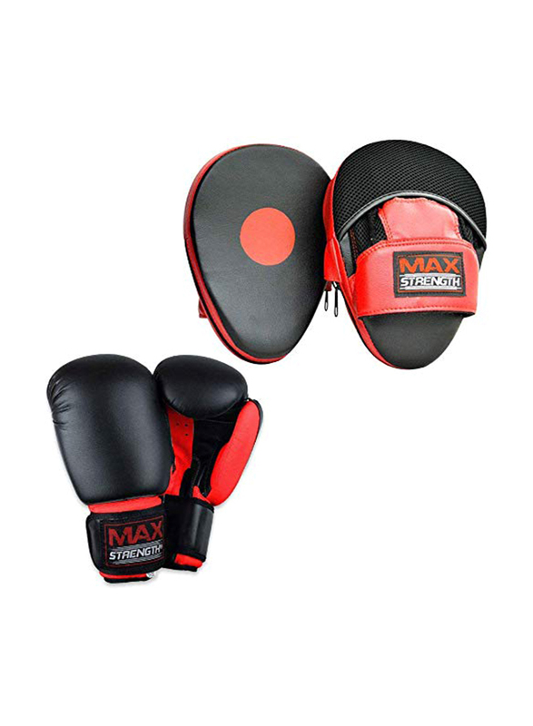 Maxstrength 6-oz Boxing Gloves & Focus Pad Set for MMA, Muay Thai, Martial Arts Training, Red
