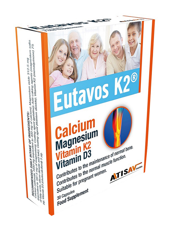 

Atisav Pharma Eutavos K2 Calcium, Magnesium, Vitamin K2 & D3 Food Supplement, 30 Capsules