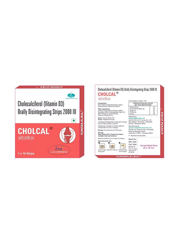 

Cholcal Vitamin D3 Cholecalciferol Orally Disintegrating Strips, 2000 IU, 10 Tablets