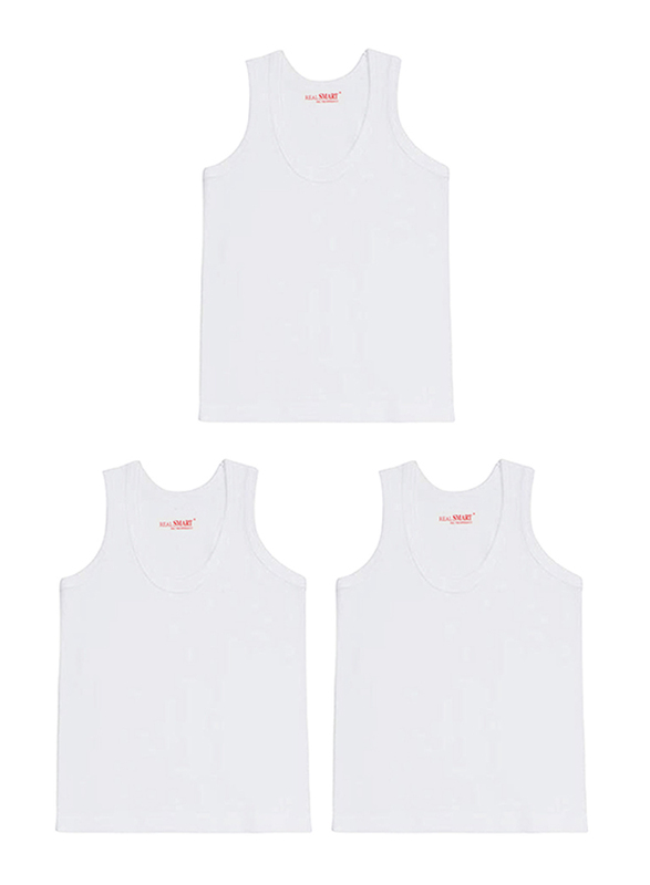 Real Smart 3-Piece Sleeveless Round Neck Undershirt Vest Tank Top Set for Boys, 13-14 Years, White